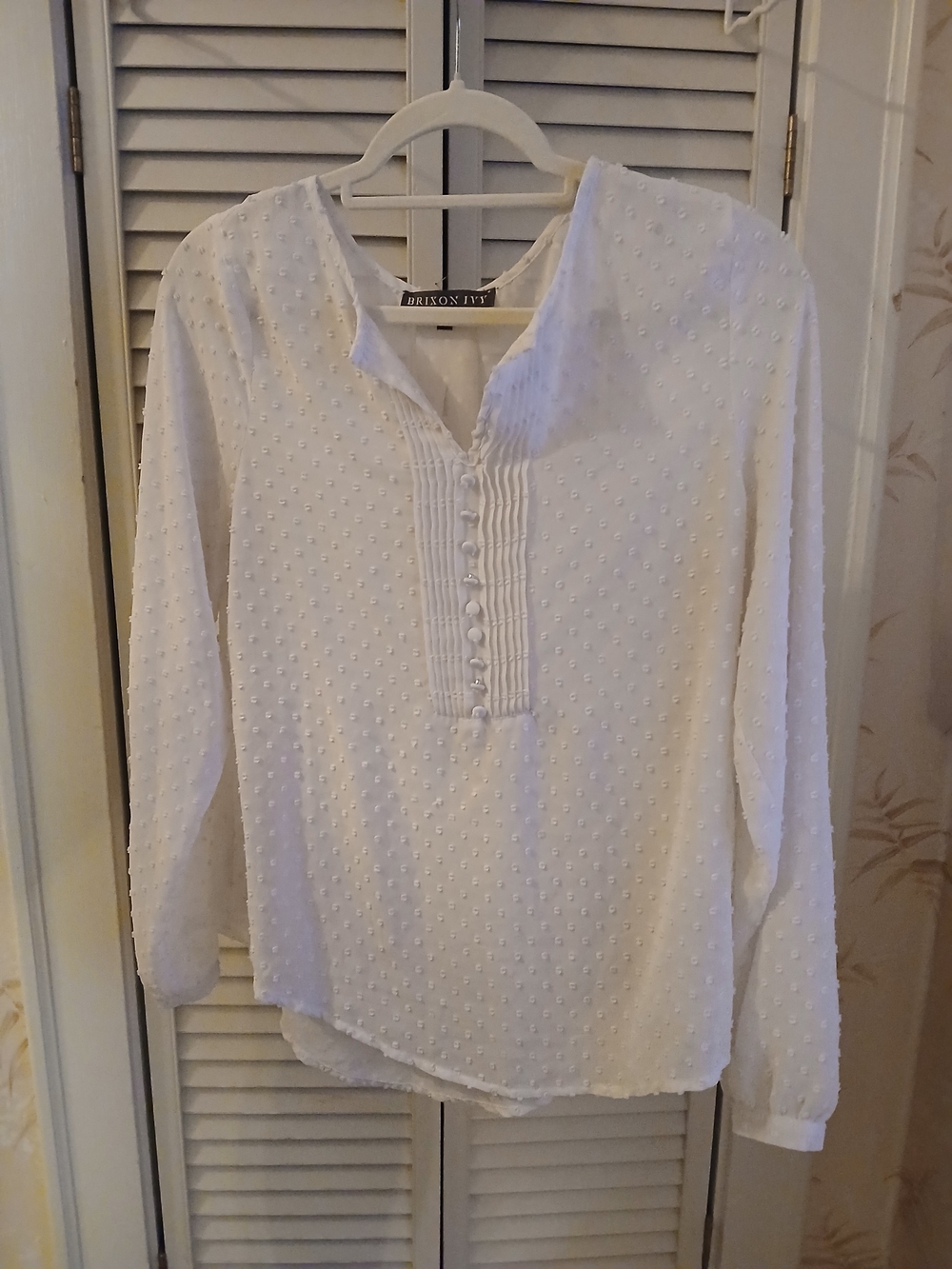 Brixon Ivy White Swiss Dot Pintuck Button Henley Blouse